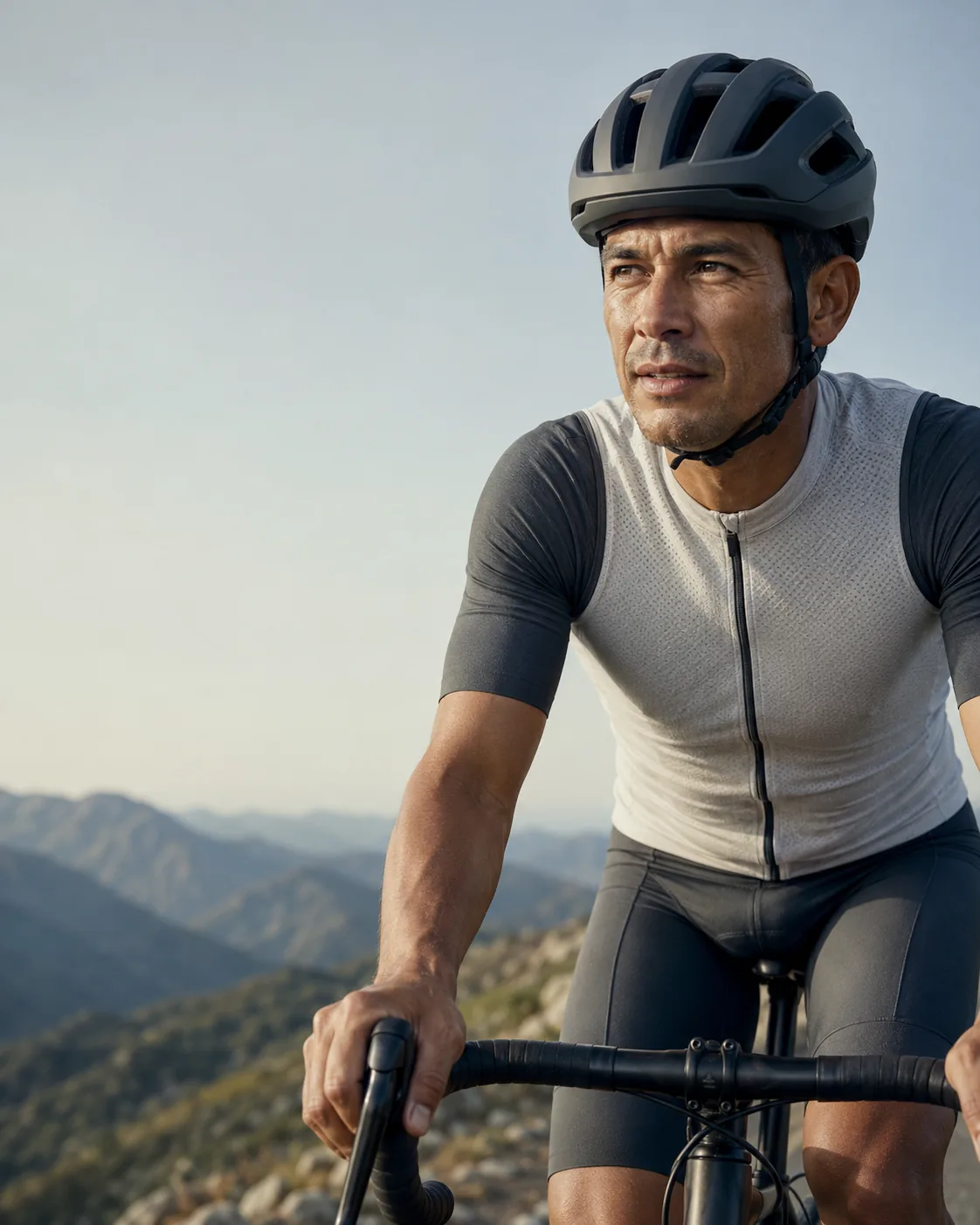 Cyclist training on the road at dawn